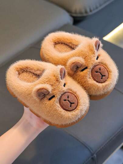 1 Pair Kids Capybara Plush Cartoon Decor Soft Bottom Lightweight Indoor Slippers, Suitable For Boys And Girls