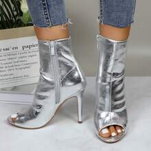 Womens Peep Toe Stiletto Booties Side Zipper High Heel Open Toe Ankle Boots CHARLIE-212 - Bạc - Xem 3