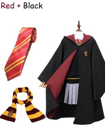 3pcs Halloween Christmas Wizard Costume Holiday Decoration Set -Wizard Robe Magicial Hooded Cape Clocak+Wizard Neckties+Striped Knit Scarf Cosplay Birthday Gifts