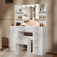Dressing TABLE 100cm Vanity Set With LED Mirror, Stool, Drawers And Crystal Handle, Shelves, Side Cabinet, Dressing Table Set With LED Illuminated Mirror For Bedroom – White Makeup TABLE Furniture - Weiss - Übersicht 4