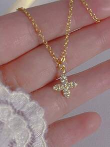 1 件三叶草水钻吊坠项链，奢华优雅的设计，适合女性日常佩戴 - 金黃色 - 查看 3
