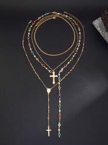 4pcs/Set Vintage Luxurious Multi-Color Crystal Cross Necklace, Men's Casual Outfit Accessory, Holiday Gift - 4pcs - View 9