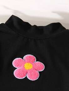 2pcs Girls Embroidered Floral Stand Collar Long Sleeve Top + Floral Print Ruffle Hem Skirt Set, Autumn/Winter - Black - View 3