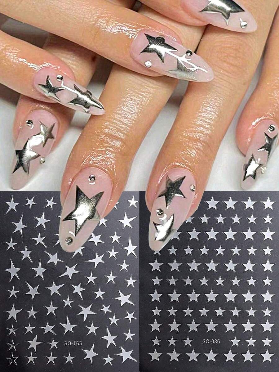 2pcs Metallic Silver Asymmetric Star Nail Art Stickers, Apply On Nails And Top With Clear Nail Polish Or Glossy Topcoat For Longer-Lasting, Beautiful Nail Decoration - Silver - View 1
