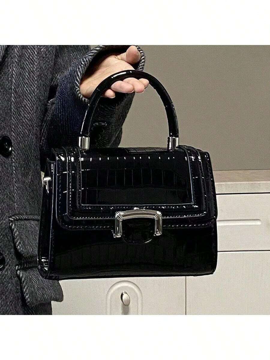 Niche Design, High-End Crocodile Pattern, Small Square Bag, Handle, Fashion Commuter Handbag, Shoulder Messenger Bag (Black) - Black - View 1