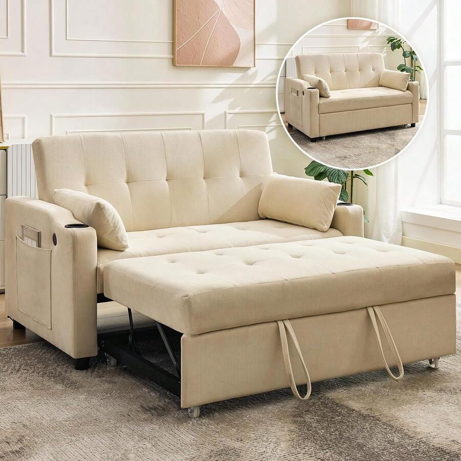 3 In 1 Convertible Sleeper Sofa Bed, Corduroy Futon Couches With Pull-Out Bed, Adjustable Backrest & Side Pockets, Modern Upholstered Sofa For Living Room, Guest Room - 米色 - 查看 1