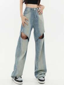 Women' Y2K Ripped Jeans Casual Straight-Leg Baggy Wide-Leg Hollow-Out Design Fashion Denim Pants Street Style Harajuku Clothing
