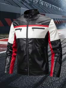 1pc Men's Motorcycle Style Leather Jacket, Black Base With Red & White Color Blocking. Stand Collar Slim Fit Jacket, Sports Casual Motorcycle Jacket, Fall - Black - View 9