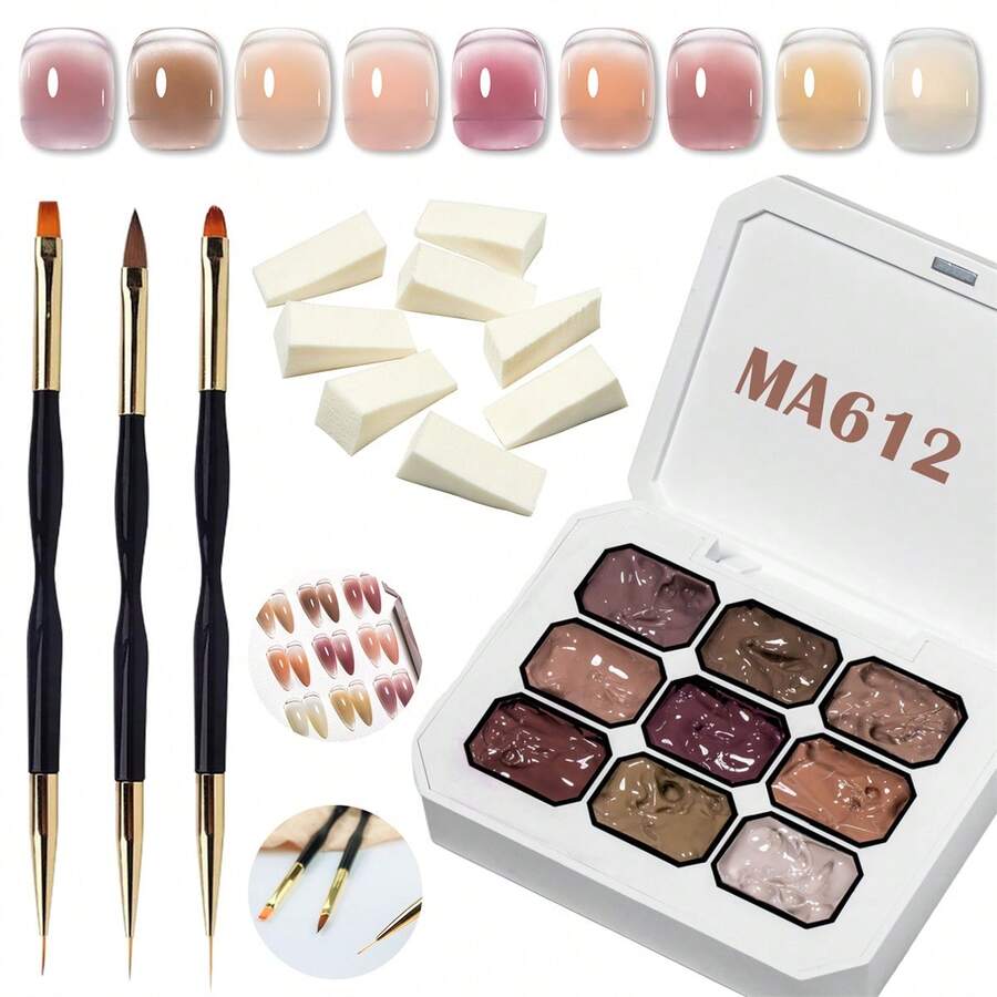 MEET ACROSS 9 Colors Dotting Gel Nail Polish Set, Includes 3 Nail Art Pens, 8 Sponge Blocks, Nude Pink Tie Dye Gel, High Pigment Semi-Solid Nail Polish Gel For Gradient Nails, Nail Art Design And Nail Salon - 彩色 - 查看 1