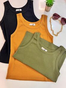 Kit Of 3 Women's Tank Tops In Ribbed Knit, Casual, Comfortable Cotton For Everyday Wear - Assorted Colors - Màu sắc hỗn hợp - Xem 1