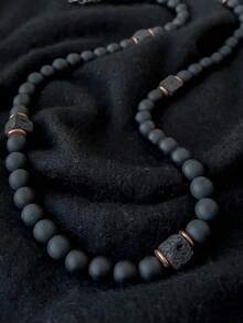 1pc Men's Necklace, Matte Black Necklace, Cubic Lava Necklace, Men's Bead Necklace, Bohemian Style - Multicolor - View 2