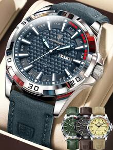 POEDAGAR 1件男士奢华防水夜光PU皮革石英腕表，男士运动日期星期显示腕表，休闲男士腕表，适合日常佩戴，男士礼物 - 均碼 - 查看 13