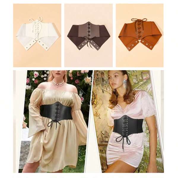 1pc Women Plus Size Hook And Loop Flat Rope Solid Color PU Leather Waist Trainer, Suitable For All Seasons Daily Use