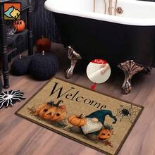 1pc Halloween Pumpkin Spider Silk Patterned Bathroom Anti-Slip Mat, Made Of Artificial Cashmere Material, With Fluffy Decoration, Suitable For Doors, Bathrooms, Kitchens And Other Occasions, Machine Washable, Anti-Slip, Daily Decoration, Can Be Given