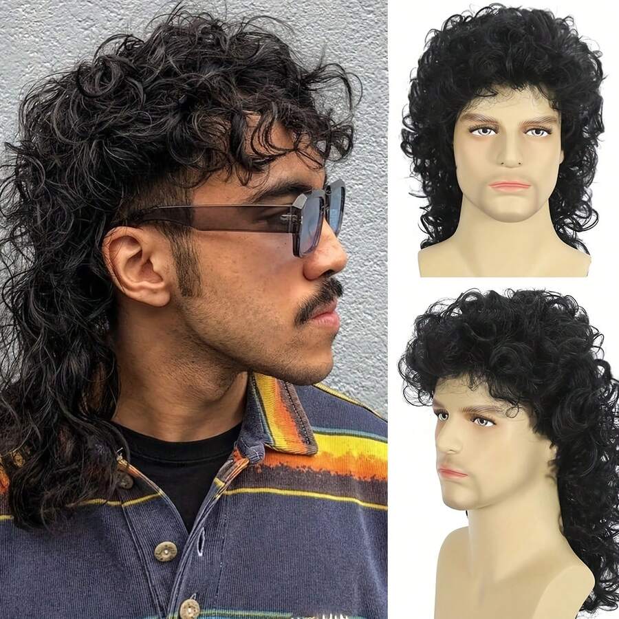 Long Curly Mullet Wigs For Men - Black Long Curly Wigs, 70s 80s Mullets Hippie Rocker Cosplay Party Style, Perfect For Party Wear & Music Festivals, Halloween Wig - Natural Black - View 1
