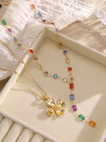 1/2pcs Fashionable & Elegant Colorful Crystal Flower Y-Shaped Necklace Set, Suitable For Party, Banquet, Date, Vacation, Daily Wear