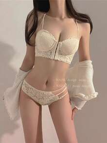 Small Breasts Welcome! Underwear/Bra Underwear Set/Underwear Beautiful Breasts Super-Boosting Bra Set Without Steel Rings - Champagne - View 5