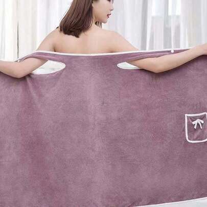1pc Women's Bath Towel (Size: 80cm*135cm), Quick-Dry Shower Spa Beach Robe For Girls, Washable, Soft Coral Fleece Towel With Pocket, Women's Towel Set, Wearable Towel With Pocket, Super Soft Adjustable Bathrobe, Suitable For Bathroom, Beach, Swimming, Changing, School, Back To School, Travel, Travel Essentials, Home Essentials, Towel, Skincare