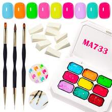 MEET ACROSS 9 Colors Nail Polish Set With 3 Painting Brushes, 8 Sponge Blocks, Neon Gradient Dip Powder, Suitable For Tie Dye Nails, Nail Art Design And Nail Salons - 彩色 - 查看 1