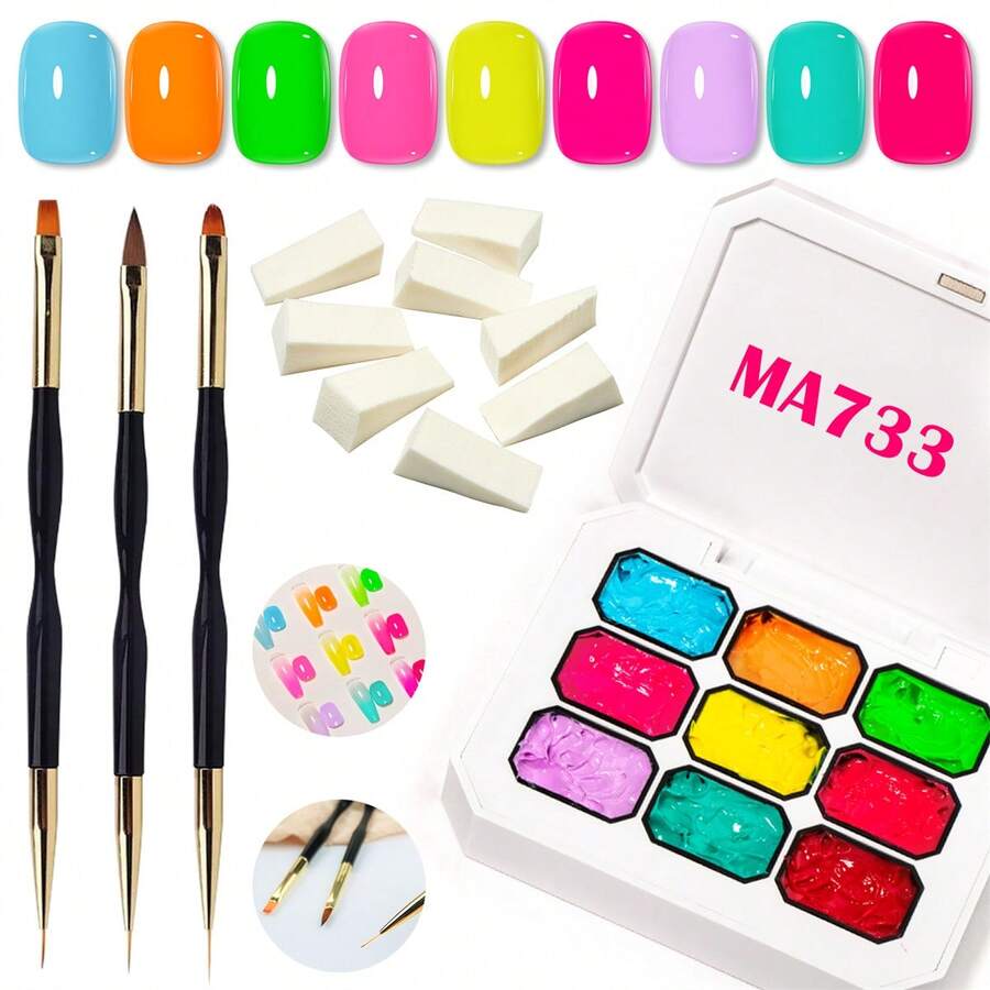 MEET ACROSS 9 Colors Nail Polish Set With 3 Painting Brushes, 8 Sponge Blocks, Neon Gradient Dip Powder, Suitable For Tie Dye Nails, Nail Art Design And Nail Salons - 彩色 - 查看 1