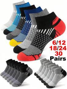 30 pares de calcetines tipo tobillera con diseños de rayas y geométricos, de tela de malla transpirable y tejido de punto, suaves y cómodos, calcetines deportivos para hombre, adecuados para todas las estaciones