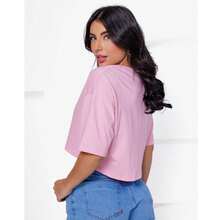 Women's Basic Cropped T-Shirt In Plain Cotton Knit - 粉色 - 查看 3