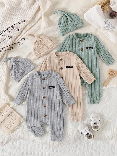 3 件套男婴纯色可爱英文标签纽扣开衫、长袖和帽子套装