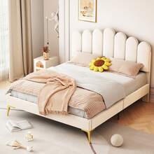 Caluself Cama doble 140 x 200 cm, cama tapizada Bubble Bed con cabecero ajustable, estructura de cama, plataforma con espacio de almacenamiento debajo de la cama, cama juvenil, somier de láminas, terciopelo - Beis - Ver 4