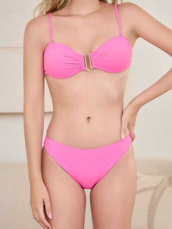 Biquíni feminino com aro, liso, casual, elegante, tecido macio, costas nuas, fenda em V, franzido, praia, férias, verão