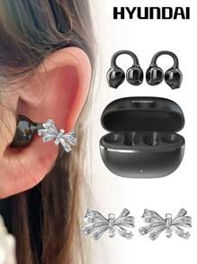 HYUNDAI 现代 EarclipC7 时尚蓝牙耳机，带蝴蝶结耳机配件，夹式耳机，适合运动、音乐、游戏，低延迟，电池寿命长，高清通话带麦克风，IP45 防水，佩戴舒适，无穿孔耳环，时尚配饰，送给女性的礼物