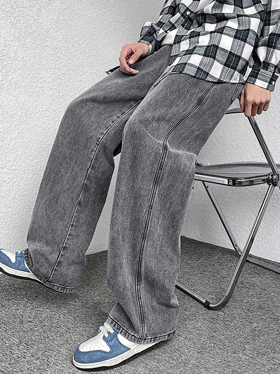 宽腿直筒牛仔裤，无弹力，高端简约百搭水洗直筒牛仔裤，抽绳松紧腰带，四季皆宜的休闲裤 - 淺灰色 - 查看 1