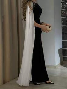 1 chiếc váy dài tay cổ vuông vá màu đen trắng thanh lịch, thích hợp cho những dịp trang trọng hoặc buổi tối quanh năm - Đen và trắng - Xem 2