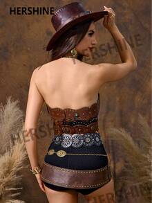 Hershine Nowy pasek w stylu retro western cowboy w stylu boho z 2025 roku. Pasek w stylu punk, w kolorze antycznego brązu, z owalną, ażurową klamrą w kształcie kwiatu, ze skóry PU, z metalową klamrą w kształcie głowy byka i ozdobnymi dodatkami.