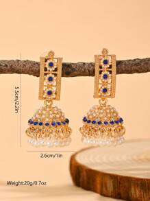 1pair Fashionable Faux Pearl Flower Decorated Hanging Earrings With Colorful Rhinestone Inlay,Charm Tassel, Traditional Pakistan & India Jhumka Earrings Suitable For Women's Daily Wear,Festival,Wedding,Party Gifts ﻿