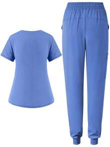 Women's Matte Elastic Jogging Sportswear,  Uniform, Scrub Top With Pocket, Breathable Brushed Labourer Coat Set - Baby Blue - View 2