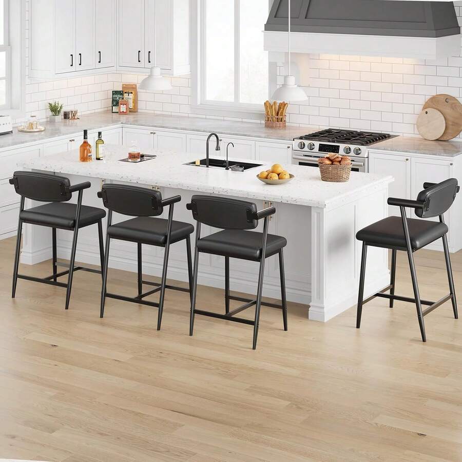 Bar Stools Set Of 4, 26.5" Upholstered Counter Height Bar Stools For 2 With Armrest, Wider Thickened Cushion, Bar Chairs With Backrest For Bar, Dining Room, Kitchen, Black - 黑色 - 查看 1