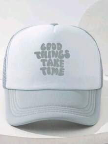 一件装 男士浅灰色艺术文字印花休闲可调节户外棒球网帽卡车司机帽 - 淺灰色 - 查看 2