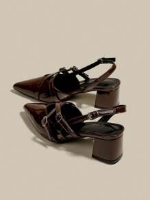 Women's Coffee Brown Patent Leather Pointed Toe Single Strap Chunky Heel Pumps, Elegant Pointed Toe Formal High Heels, Fashion Slingback High Heel Shoes