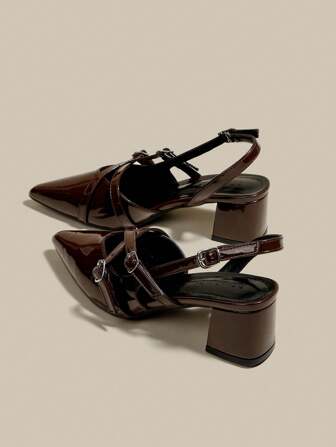 Tacones de plataforma con punta puntiaguda y correa única de cuero patentado marrón oscuro para mujer, tacones altos formales elegantes de punta puntiaguda, zapatos de tacón alto de moda tipo slingback