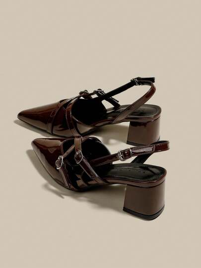 Women's Coffee Brown Patent Leather Pointed Toe Single Strap Chunky Heel Pumps, Elegant Pointed Toe Formal High Heels, Fashion Slingback High Heel Shoes