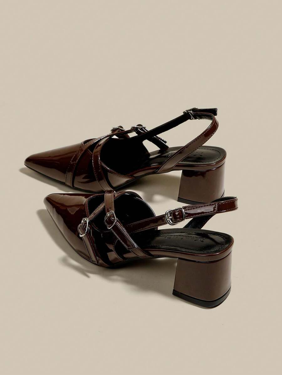 Women's Coffee Brown Patent Leather Pointed Toe Single Strap Chunky Heel Pumps, Elegant Pointed Toe Formal High Heels, Fashion Slingback High Heel Shoes