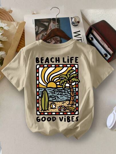 Áo thun cổ tròn in chữ Graffiti YongBoy cho bé trai, thời trang đi biển