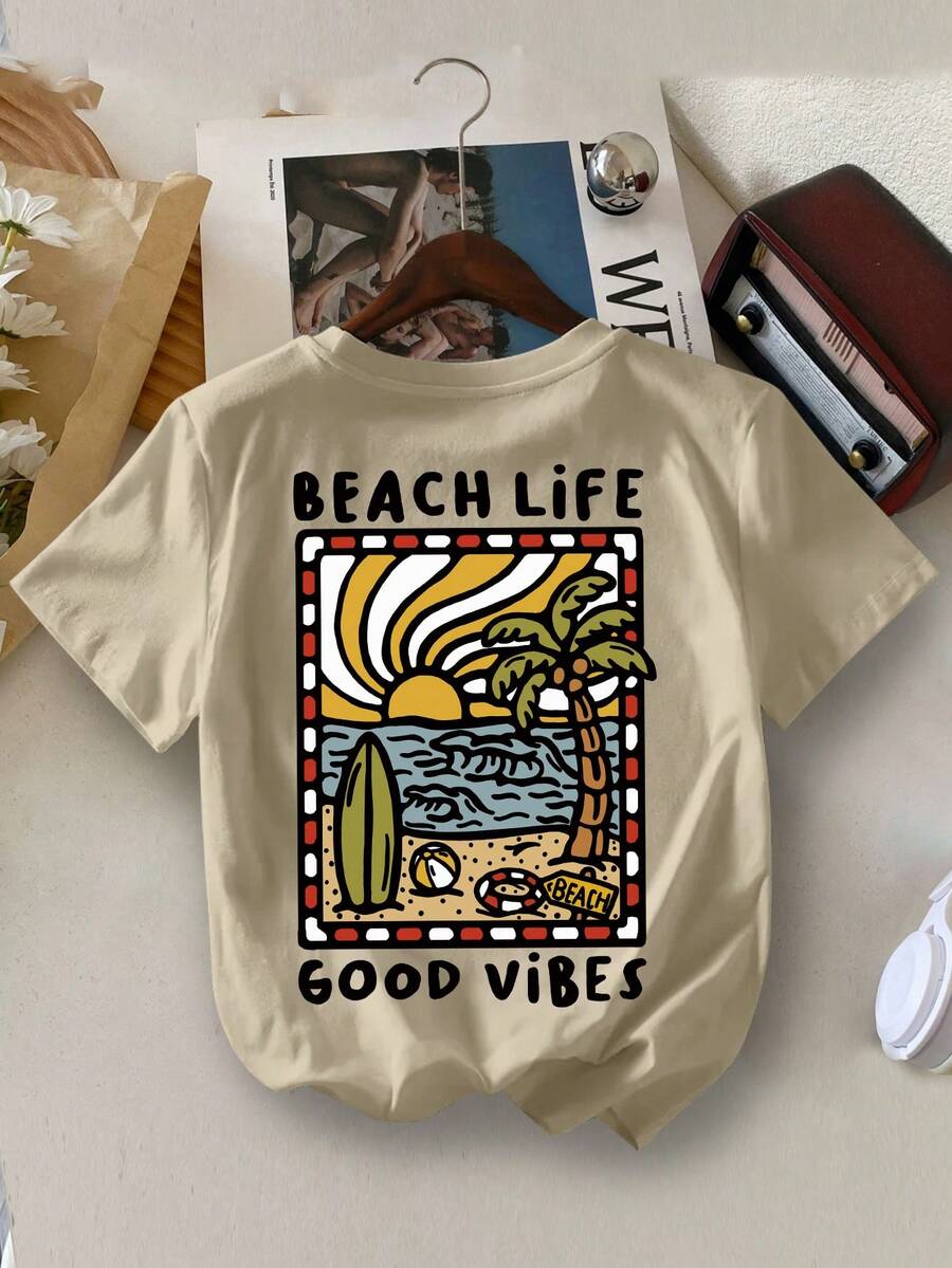 Young Boy 休闲 YongBoy 涂鸦字母印花圆领夏季T恤，时尚海滩度假 - 卡其色 - 查看 1