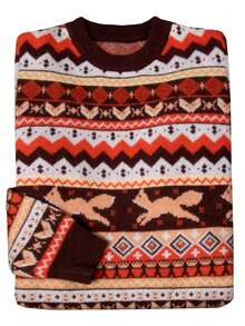 Modisch und elegant für Herbst und Winter, bequem und lässig, einfach und stilvoll als Homewear, mit Retro-Elementen im Design, Fuchsmuster Jacquard, Retro-Farbmuster, lässig und schlicht geschnittener modischer Oversized-Pullover, Rundhals-Langarm-Strickpullover, Damen-Pullover, Damen-Strickoberteil, Damen-Pullover.