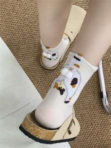 1/5 双舒适有趣的倒置猫球绒球中筒袜，适合所有季节，秋季