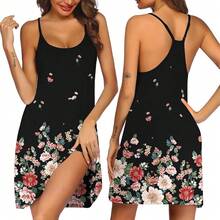 Women's Racerback Sleeveless Nightgown, Sleepwear - Black Flower - View 11
