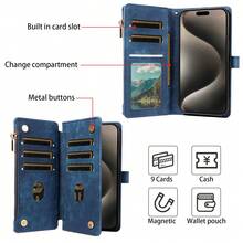 eaacaa 1 chiếc ốp lưng điện thoại kiểu ví gập cổ điển có khe đựng thẻ, dây đeo cổ tay, chống sốc và chống trộm, tương thích với iPhone 17 Pro Max/17 Pro/AIR/17/17e/16 Pro Max/15/14/13/12/11, dòng A16 - Màu xanh lam - Xem 4