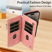 eaacaa 1 pieza Funda de cartera con tapa vintage con múltiples ranuras para tarjetas, correa de muñeca, protección antichoque y antirrobo para iPhone 17 Pro Max/17 Pro/AIR/17/17e/16 Pro Max/15/14/13/12/11, Serie A16 - Rosa - Ver 8
