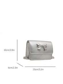 Mini Chain Shoulder Bag For Women, Fashionable Versatile High-End Bowknot Decor Small Square Flap Bag - Silver - View 2