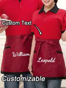 1Pc Personalized CustomUnisex Polyester Apron With 2 Pockets - Customizable Short Half Waist Waiter Work Uniform Hair Stylist Black Apron Hairdresser Beauty Salon Cosmetologist Cosmetology School Barber Gift Custom,For Kitchen, Hotel, Restaurant, Cooking, Baking, And Chef Use, Perfect For Personalized Text Or Logo